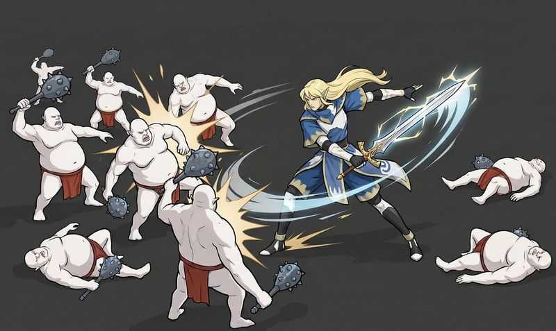 검을 들고 다수의 버그베어와 싸우고 있는 남자 요정